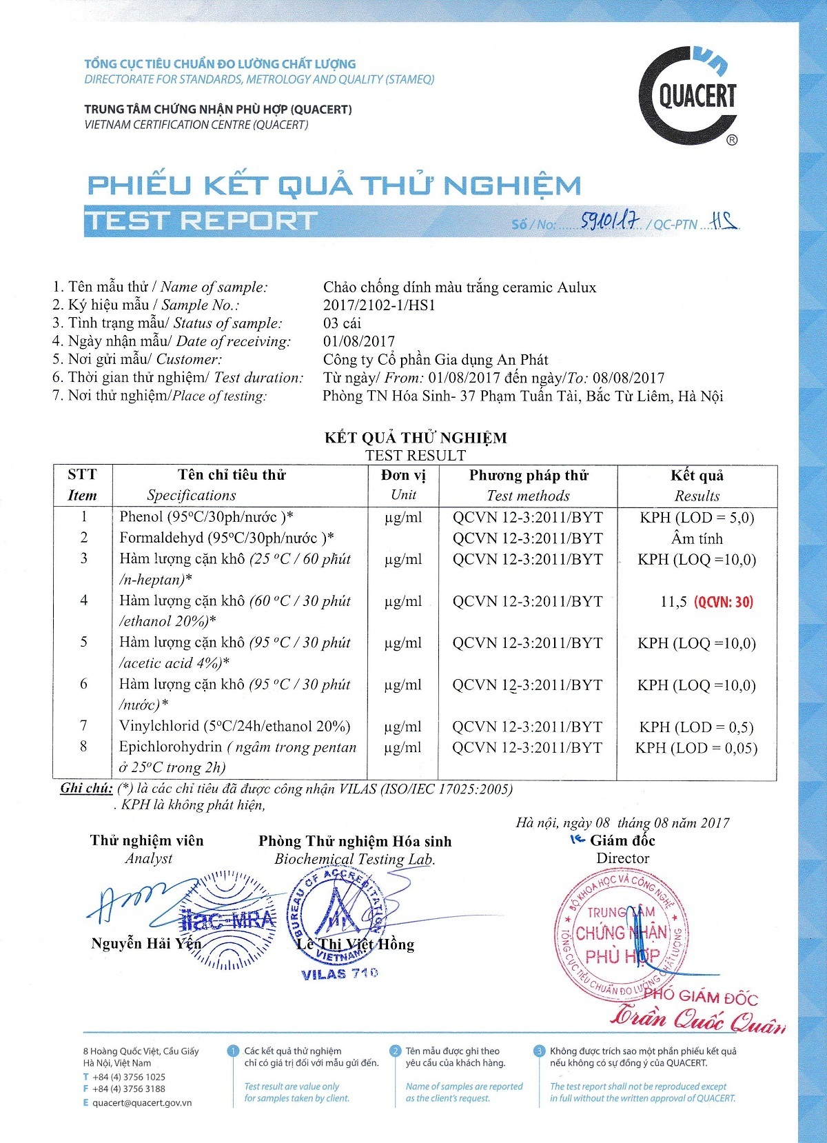 Kết quả kiểm nghiệm chất chống dính Ceramic chảo Aulux