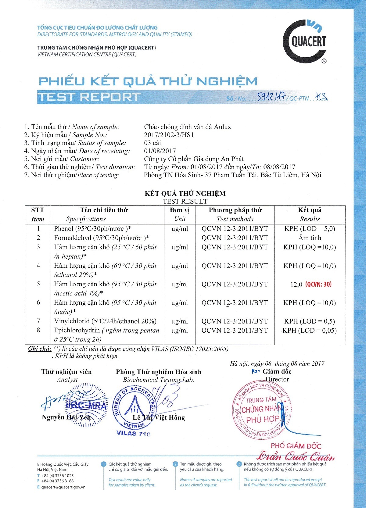 Kết quả kiểm nghiệm chất chống dính vân đá chảo Aulux