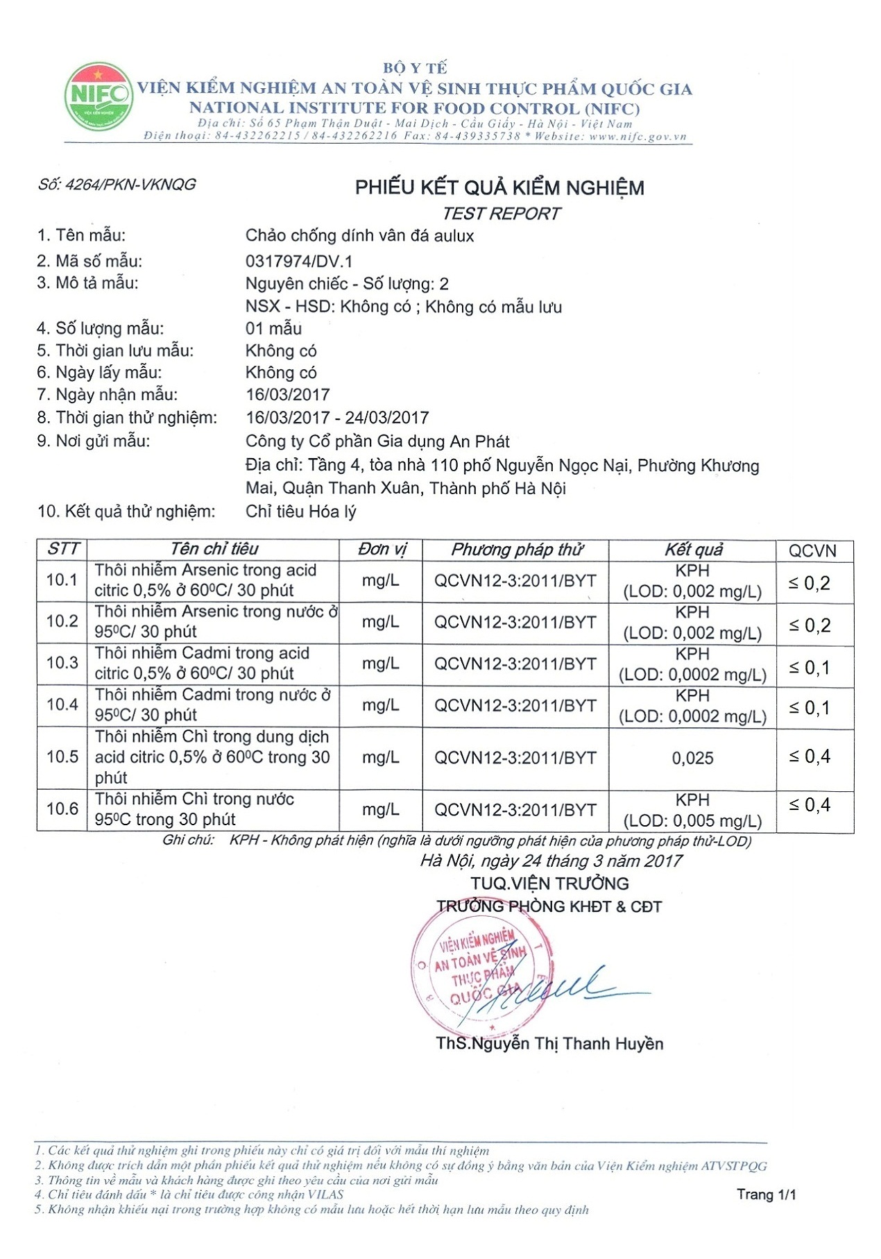 Kết quả kiểm nghiệm chất chống dính vân đá chảo Aulux