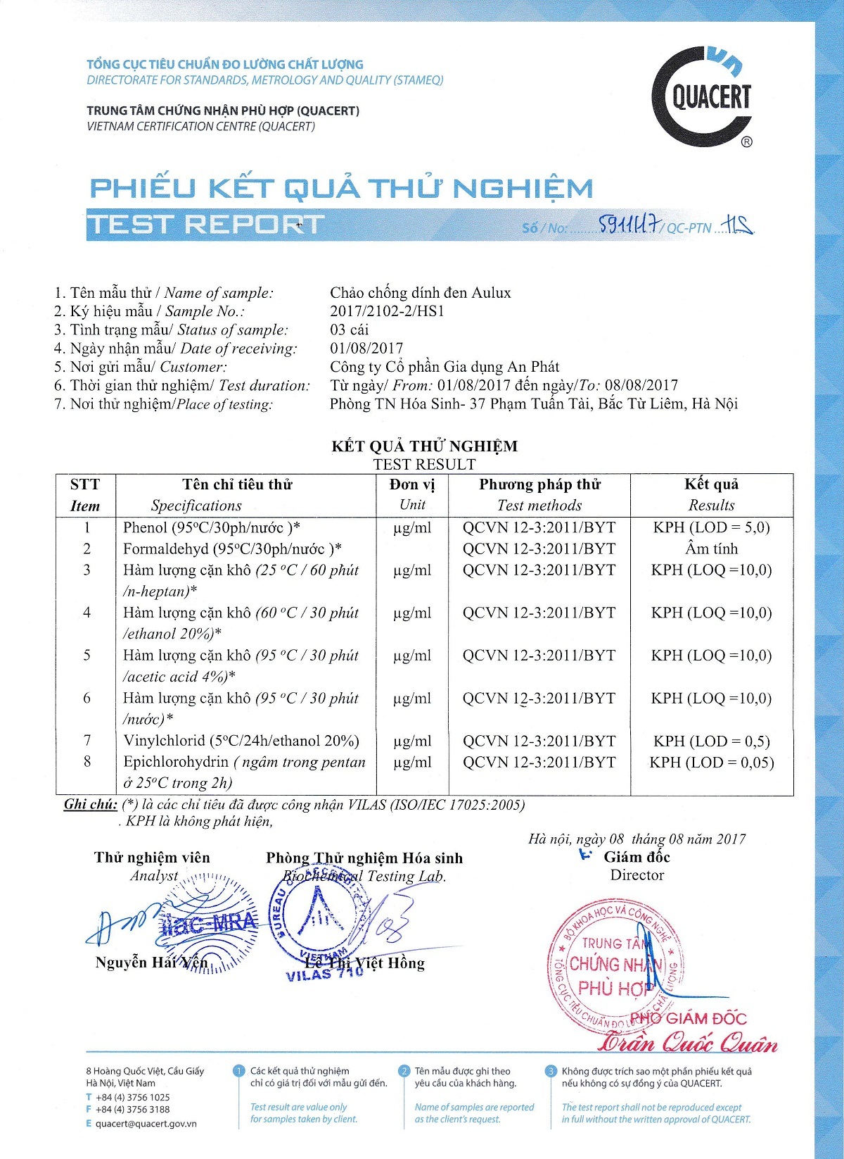Kết quả kiểm nghiệm chất chống dính màu đen chảo Aulux