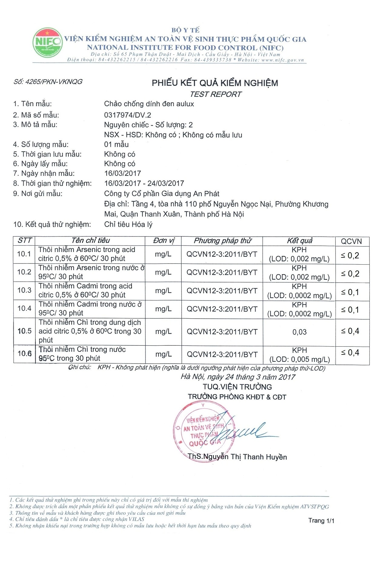 Kết quả kiểm nghiệm chất chống dính màu đen chảo Aulux